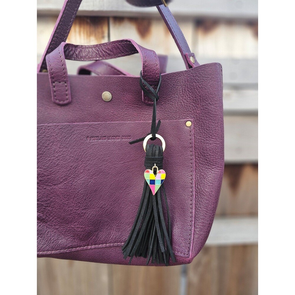 Genuine Leather Bag Tassel for Handbags Totes Black Fringe Checkered Heart Charm